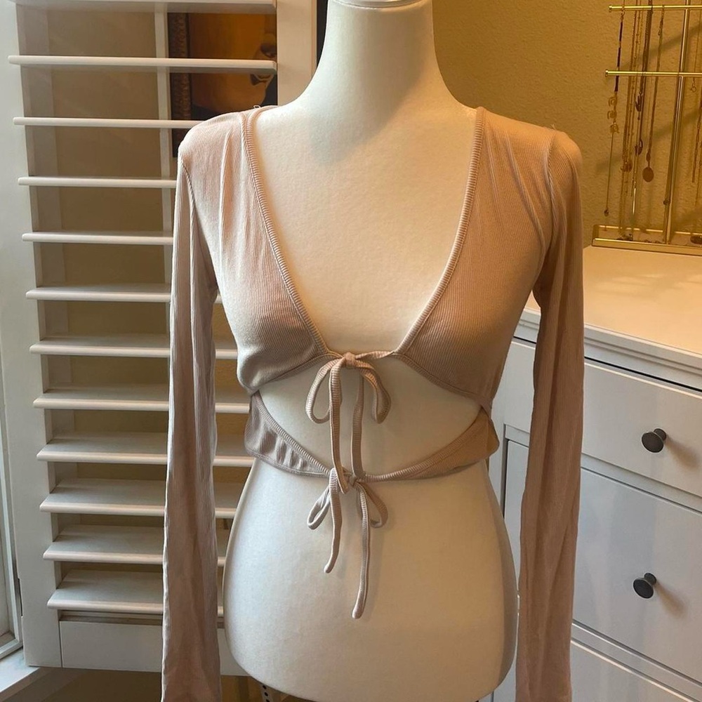 Princess Polly tan long sleeve tie front top
